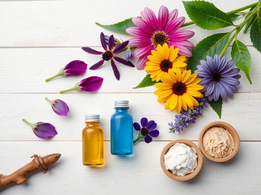 Vibrant array of botanical extracts, leaves, flowers, and essential oils, illustrating natural skincare ingredients