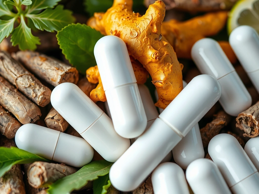 A close-up of natural ingredients like herbs and capsules, representing purity and potency in health supplements.