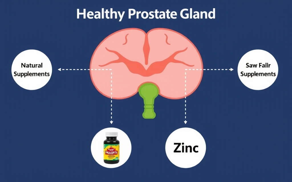 Diagram showing a healthy prostate gland and natural supplements that support its function.