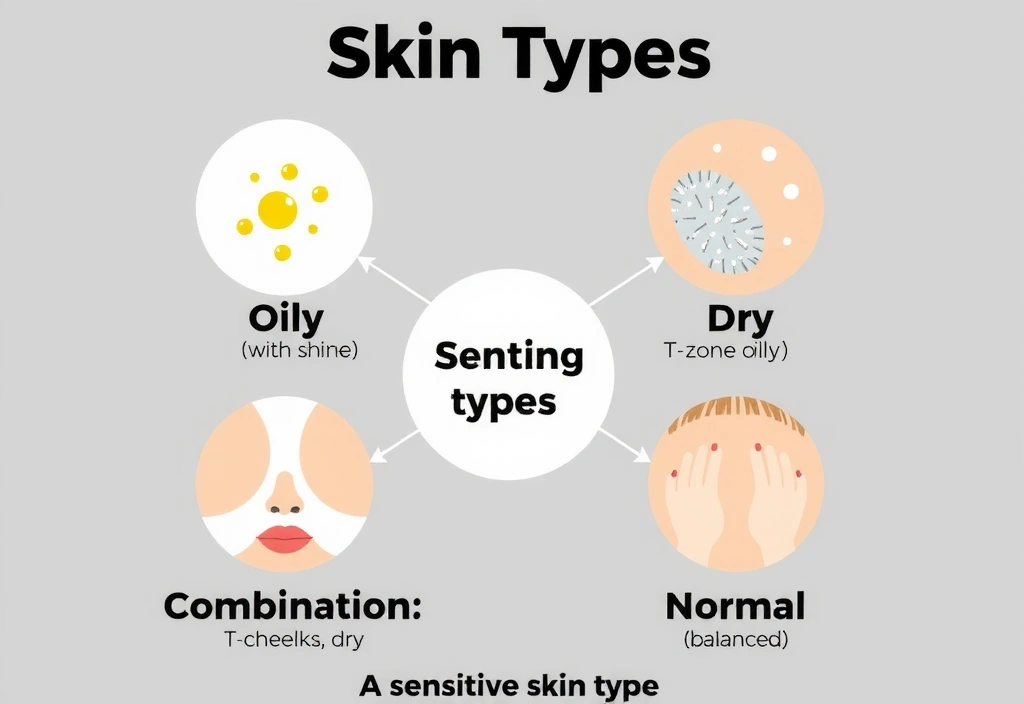 Diagram showing different skin types: oily, dry, combination, normal, sensitive