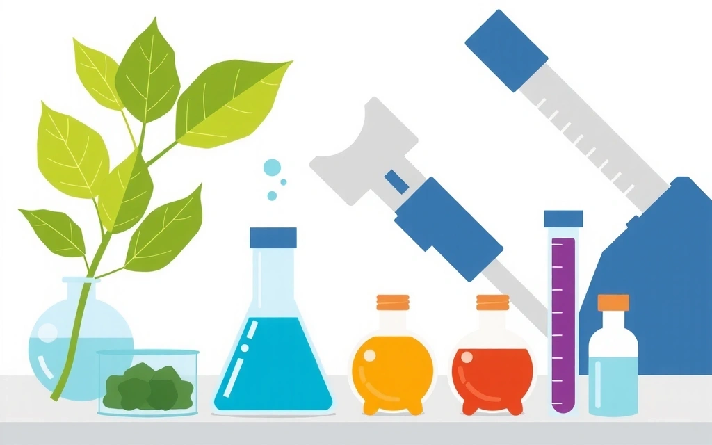Illustration of Vitale Bloom's commitment to quality and innovation, showing scientific instruments and natural ingredients